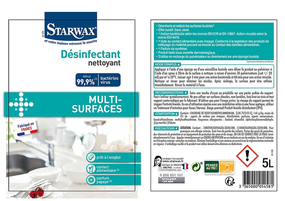 Nettoyant désinfectant multi-surfaces papaye 5L>Starwax Hot