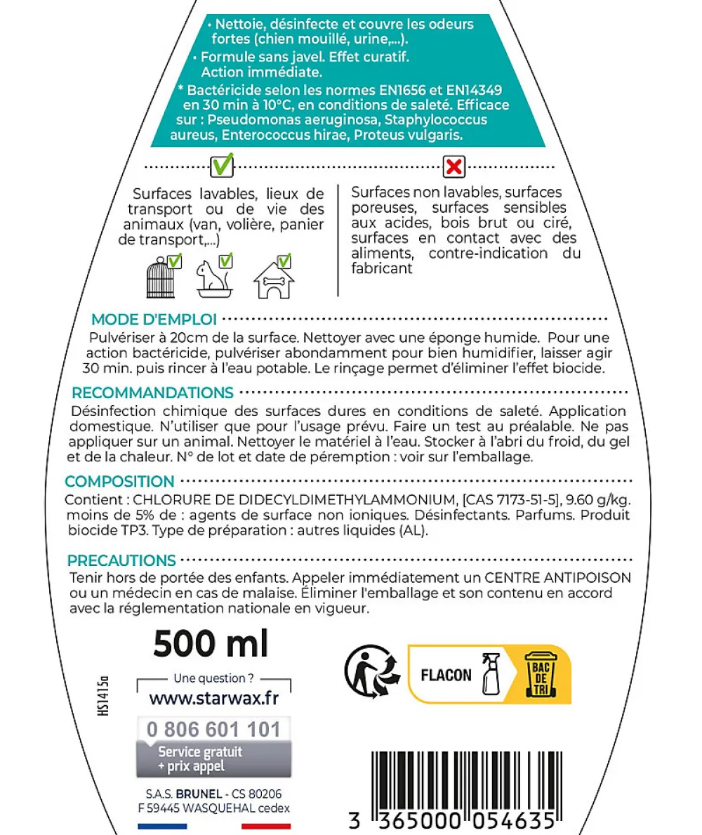 Nettoyant désinfectant suprodorant milieu animal 500ml>Starwax Sale