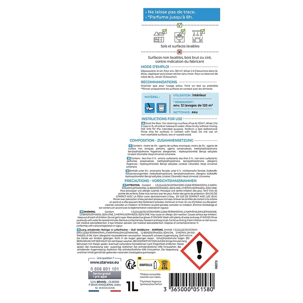 Starwax Nettoyant désodorisant multi-usages senteur fleur des bois 1L* Nettoyant Et Entretien Pour Sol