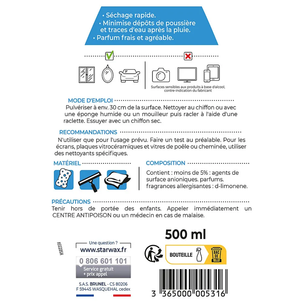 Nettoyant pulvérisateur spécial vitres et miroirs à l'alcool 0,5L>Starwax Discount