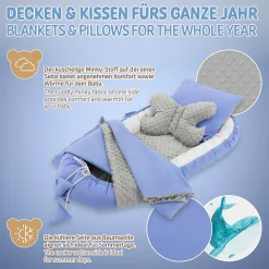 Nid d'ange bébés 90x50 cm bleu motif baleine en coton avec coussin de sommeil oreiller papillon><noscript><img width=