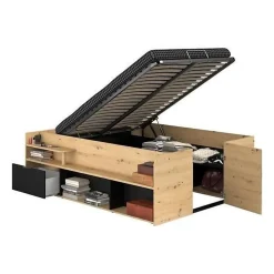 Parisot ODYSSEE Lit adulte - 140x200 cm - Avec coffre relevable - Décor chene et noir - L 166,2 x 66,5 x 205,8 cm* Lit Coffre