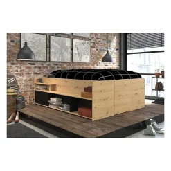 Parisot ODYSSEE Lit adulte - 140x200 cm - Avec coffre relevable - Décor chene et noir - L 166,2 x 66,5 x 205,8 cm* Lit Coffre