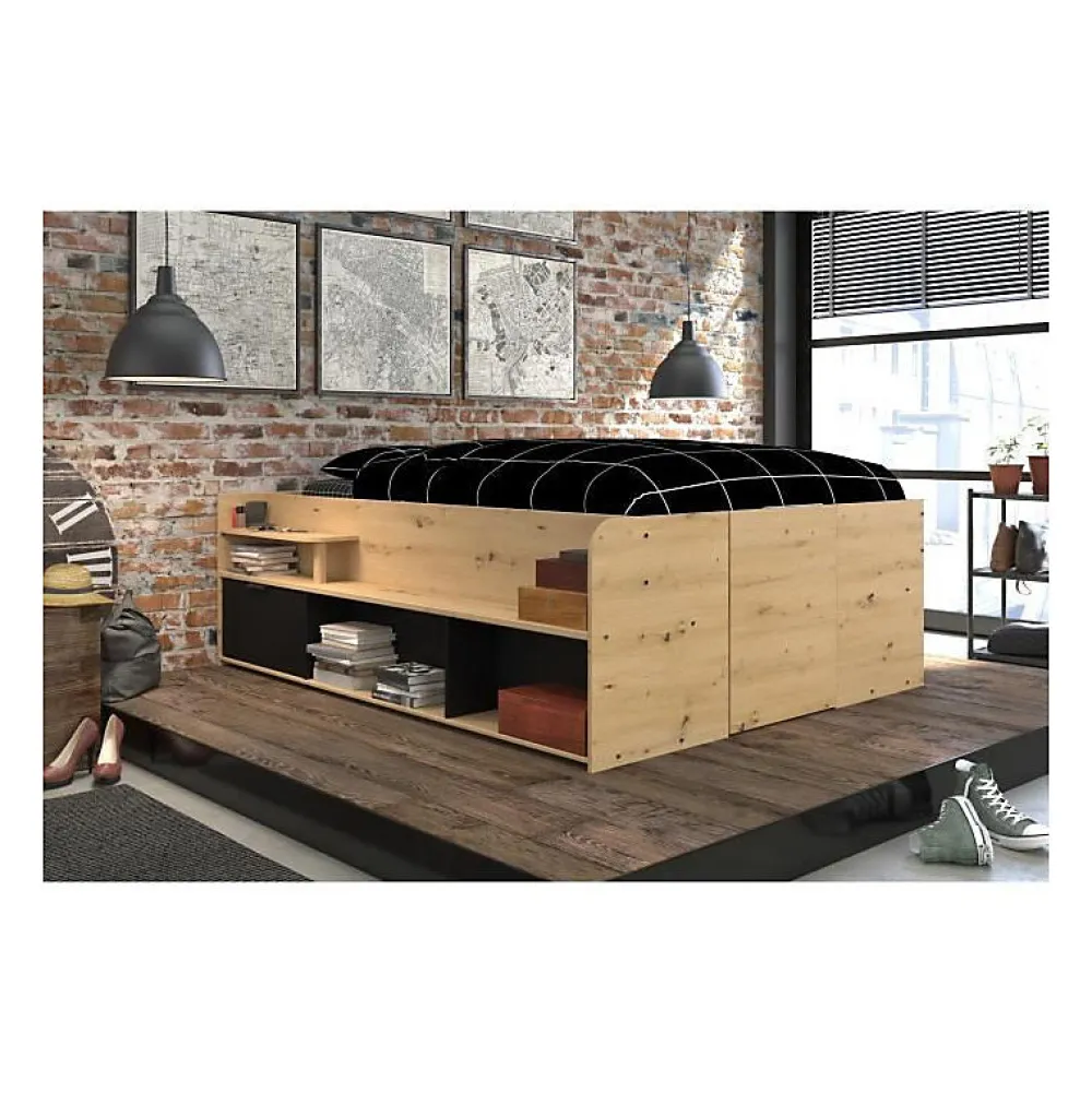 Parisot ODYSSEE Lit adulte - 140x200 cm - Avec coffre relevable - Décor chene et noir - L 166,2 x 66,5 x 205,8 cm* Lit Coffre