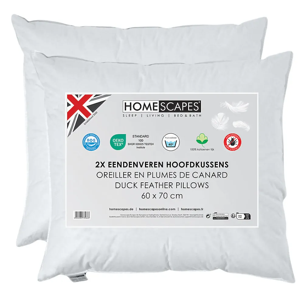 Oreiller en plumes de canard 60 x 70 cm, lot de 2 ->Homescapes Outlet