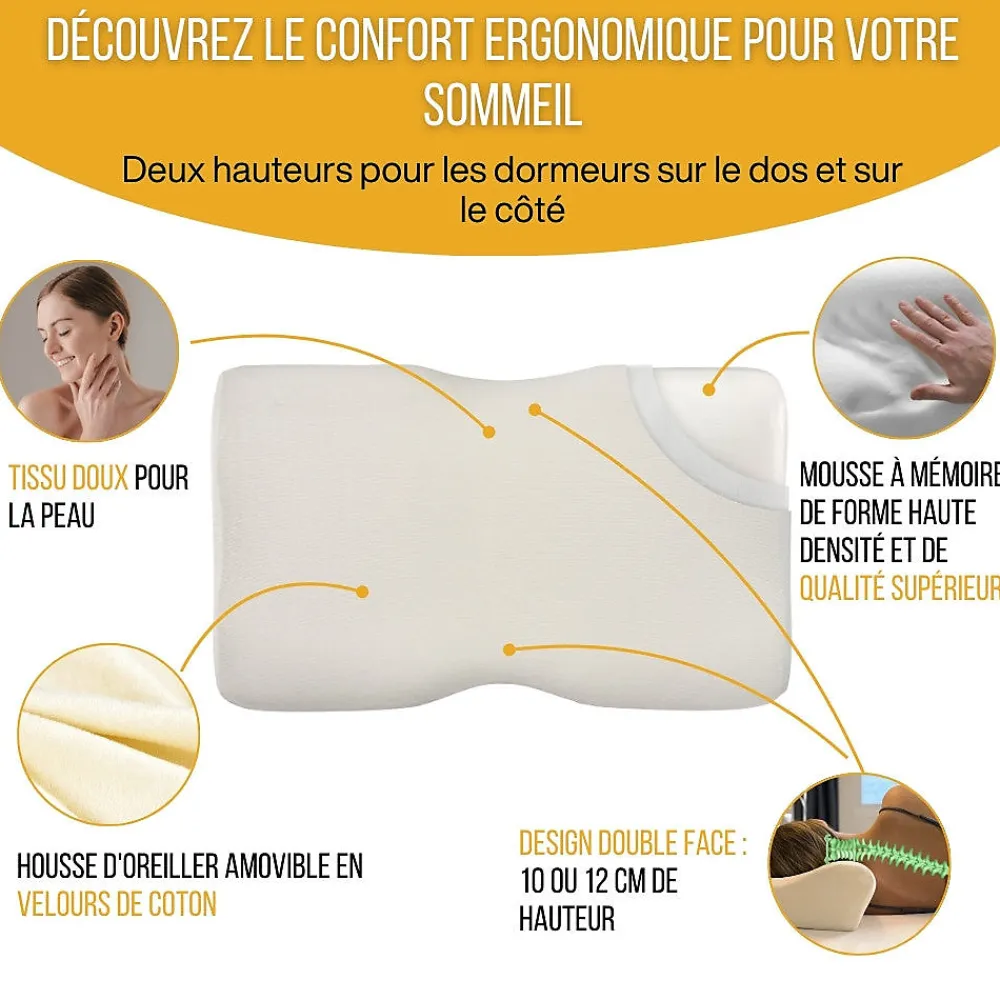 Inphysio Oreiller ergonomique cervical - deux hauteurs différentes - taie d'oreiller en coton - DUO PREMIUM* Oreiller Mémoire De Forme