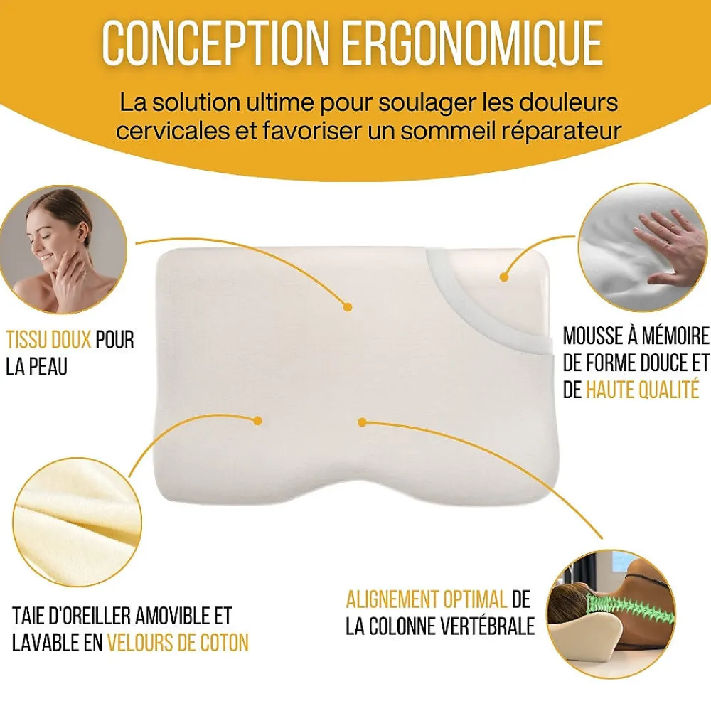 Oreiller ergonomique cervical en mousse à mémoire - taie d'oreiller en coton - 54x33x12 - CONFORT PLUS>Inphysio Online