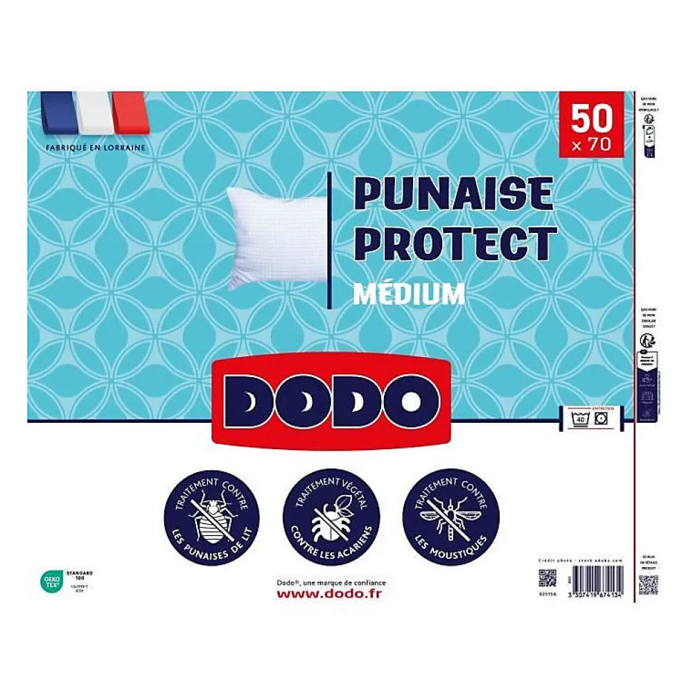 Oreiller médium 50x70 cm - Protection anti punaise, anti acarien - 550 gr - Blanc - Fabriqué en France>Dodo Hot