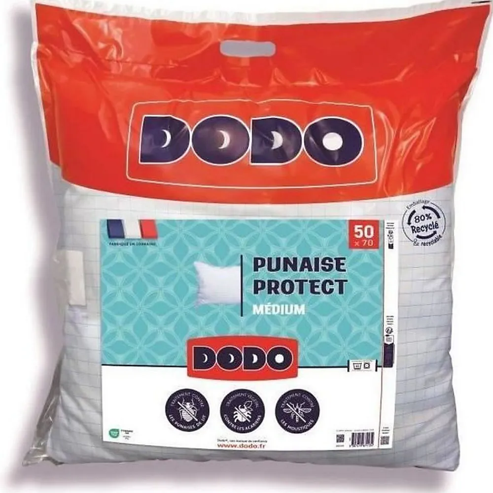 Oreiller médium 50x70 cm - Protection anti punaise, anti acarien - 550 gr - Blanc - Fabriqué en France>Dodo Hot