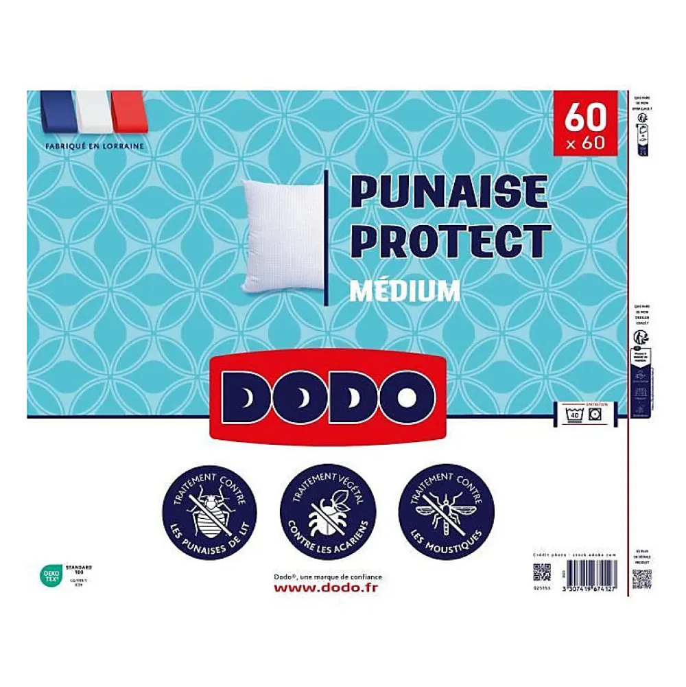 Dodo Oreiller médium 60x60 cm - Protection anti punaise, anti acarien - 550 gr - Blanc - Fabriqué en France* Oreiller Moelleux