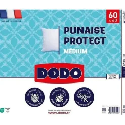 Dodo Oreiller médium 60x60 cm - Protection anti punaise, anti acarien - 550 gr - Blanc - Fabriqué en France* Oreiller Moelleux
