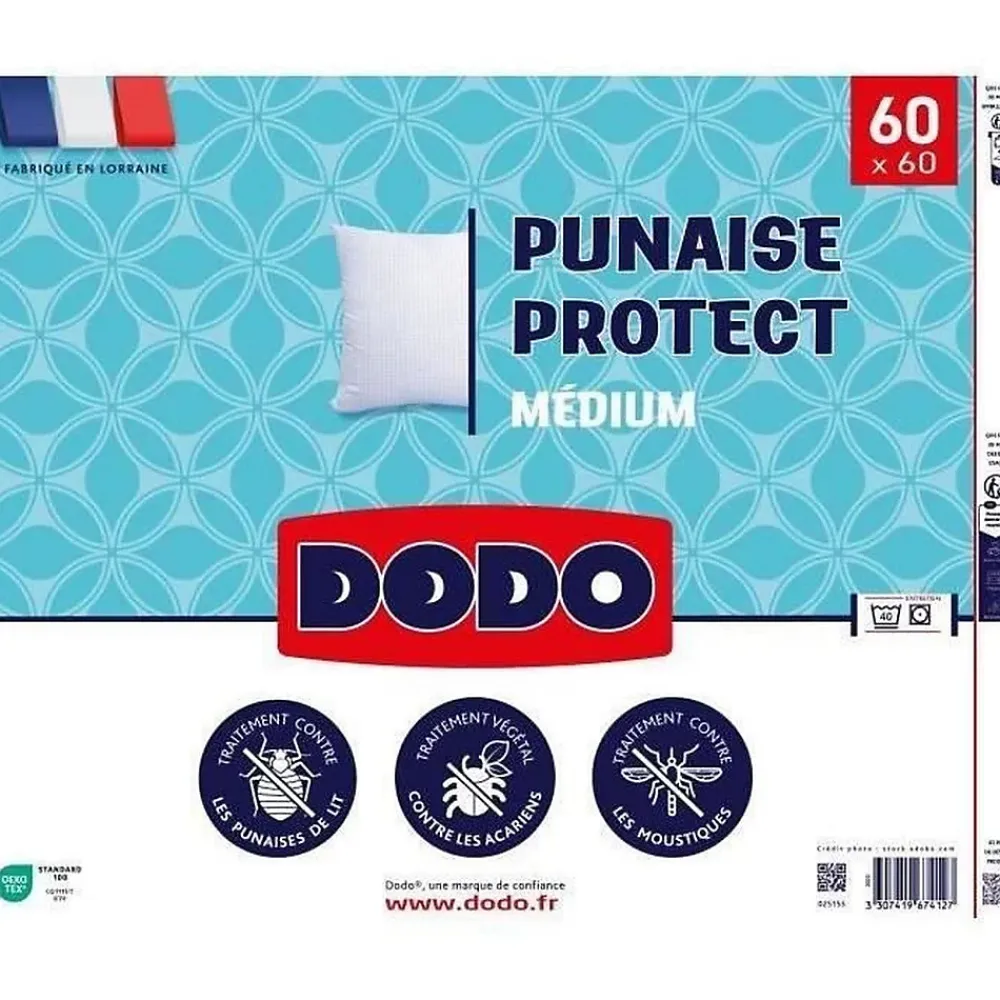 Dodo Oreiller médium 60x60 cm - Protection anti punaise, anti acarien - 550 gr - Blanc - Fabriqué en France* Oreiller Moelleux