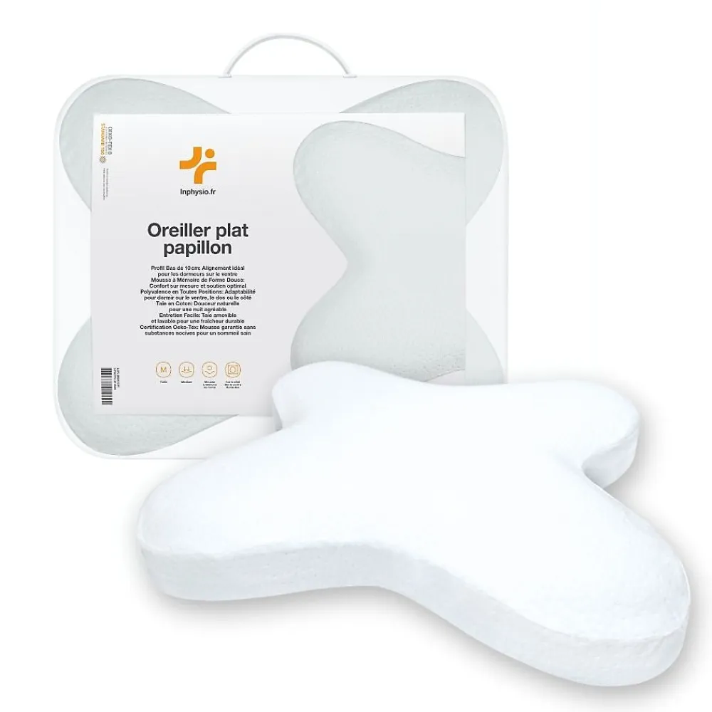Oreiller papillon plat mémoire de forme, profil bas 10 cm, multiposition, taie coton, 56x46 cm>Inphysio Outlet