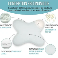 Oreiller papillon plat mémoire de forme, profil bas 10 cm, multiposition, taie coton, 56x46 cm>Inphysio Outlet