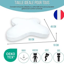 Oreiller papillon plat mémoire de forme, profil bas 10 cm, multiposition, taie coton, 56x46 cm><noscript><img width=