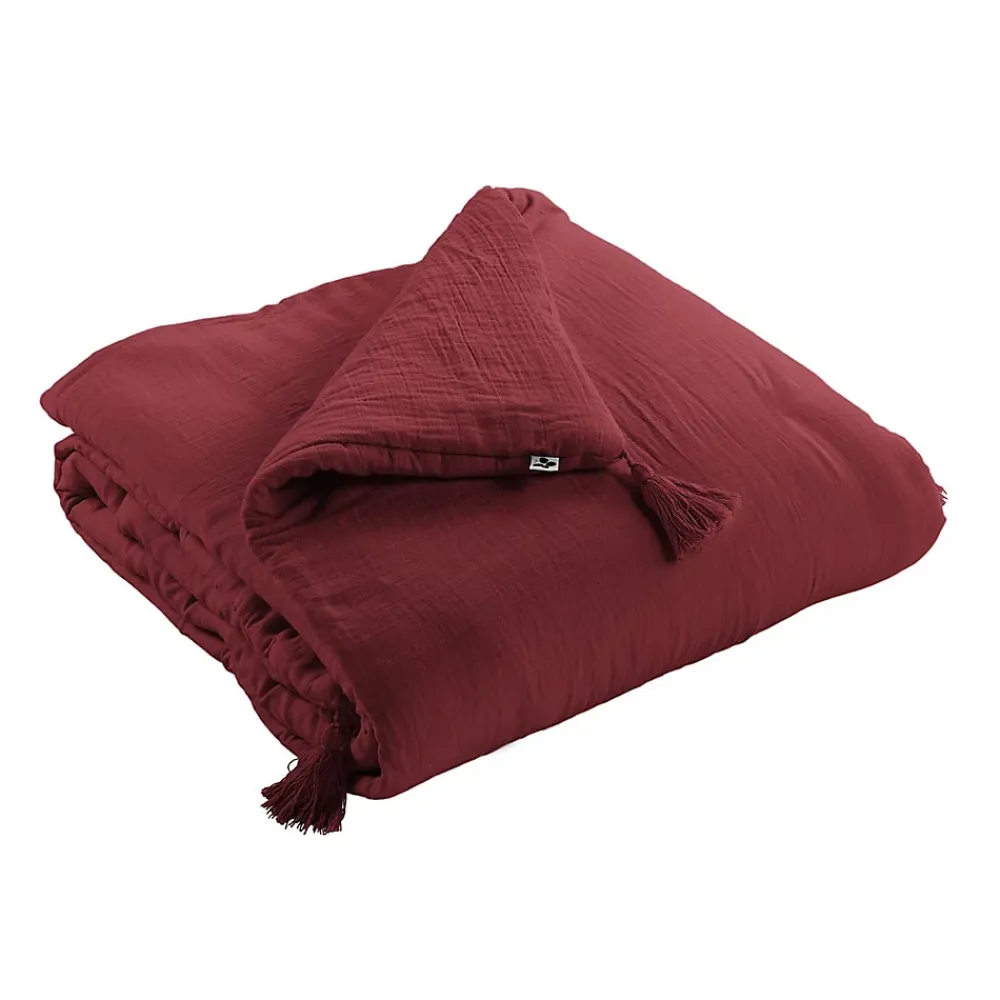 Altobuy OUREA - Chemin de Lit 90x200cm Capitonné Gaze de Coton Lie de Vin* Boutis, Couvre-Lit, Édredon