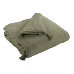 Altobuy OUREA - Couvre-pied 150x150cm Capitonné Gaze de Coton Romarin Olive* Boutis, Couvre-Lit, Édredon