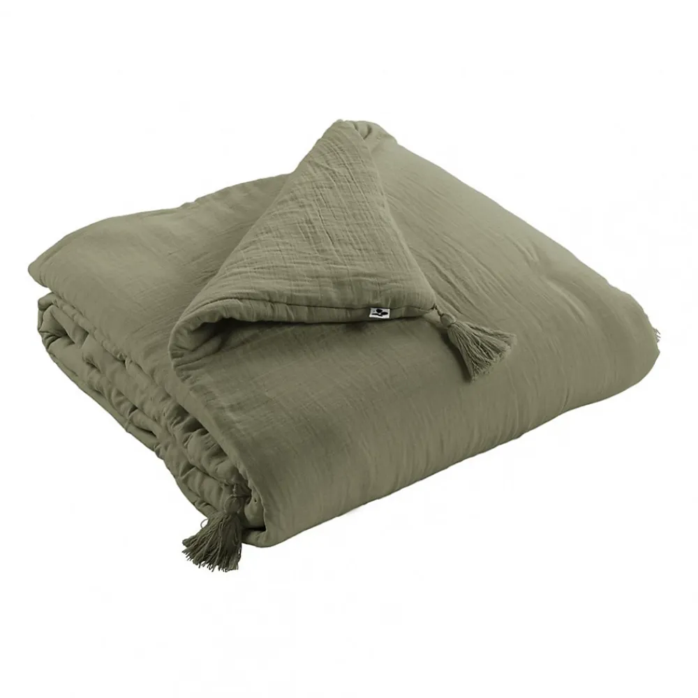 Altobuy OUREA - Couvre-pied 150x150cm Capitonné Gaze de Coton Romarin Olive* Boutis, Couvre-Lit, Édredon