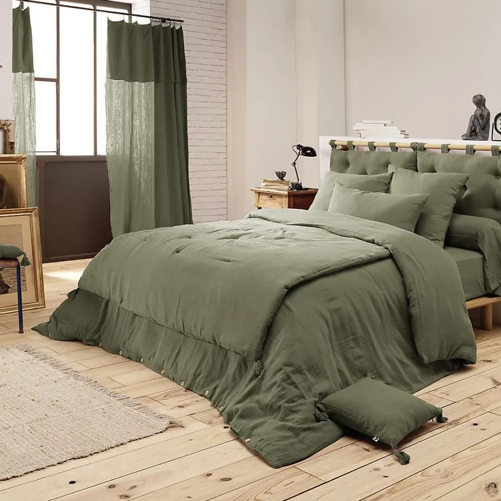 Altobuy OUREA - Couvre-pied 150x150cm Capitonné Gaze de Coton Romarin Olive* Boutis, Couvre-Lit, Édredon