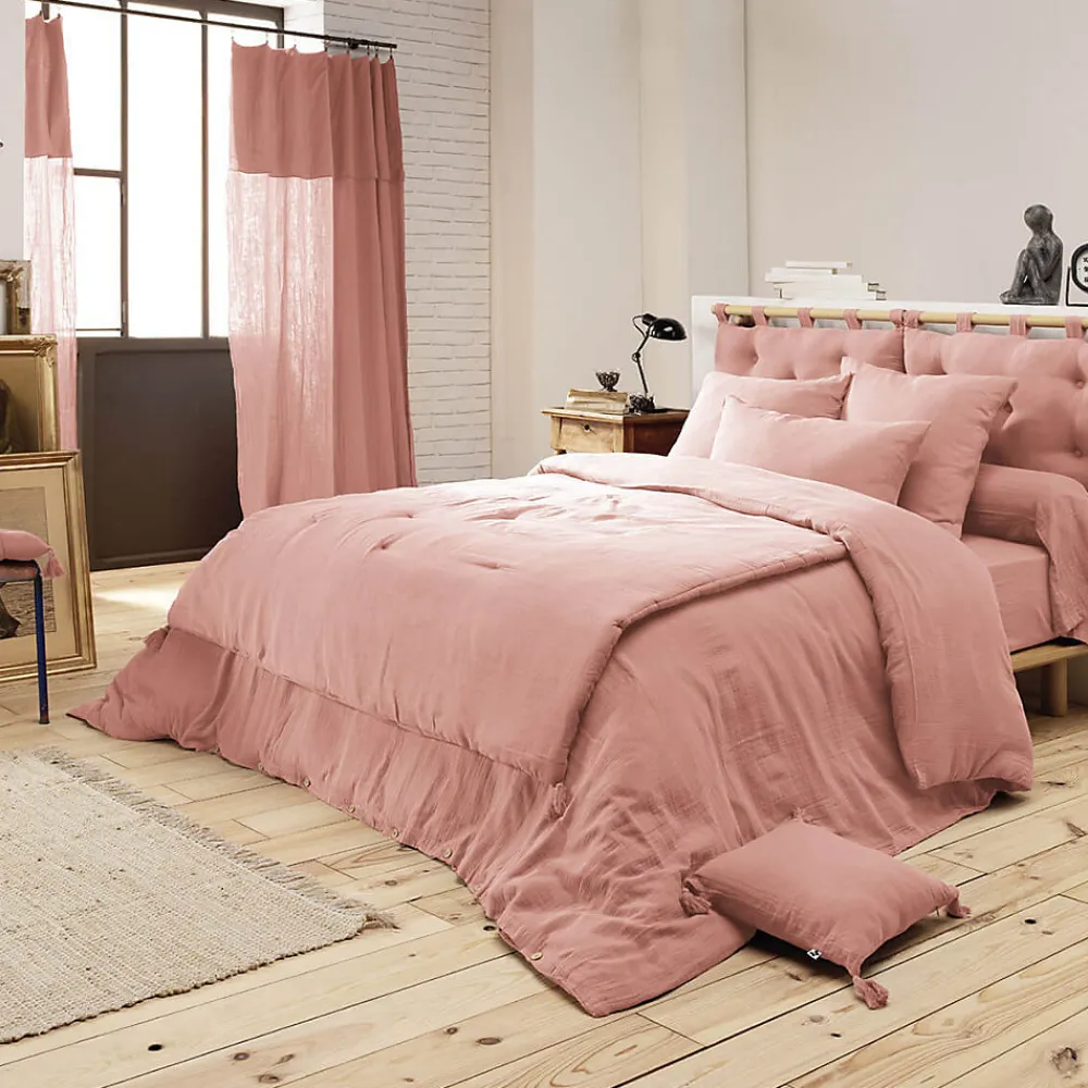 OUREA - Couvre-pied 150x150cm Capitonné Gaze de Coton Rose Pêche>Altobuy Outlet