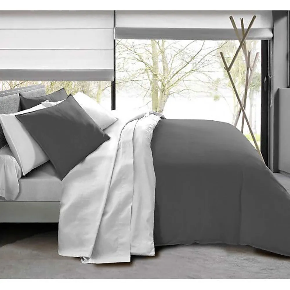 Pack complet 6 pièces Anthracite/Blanc réversible housse de couette pour lit 180 x 200 cm "King size">Univers Décor Online
