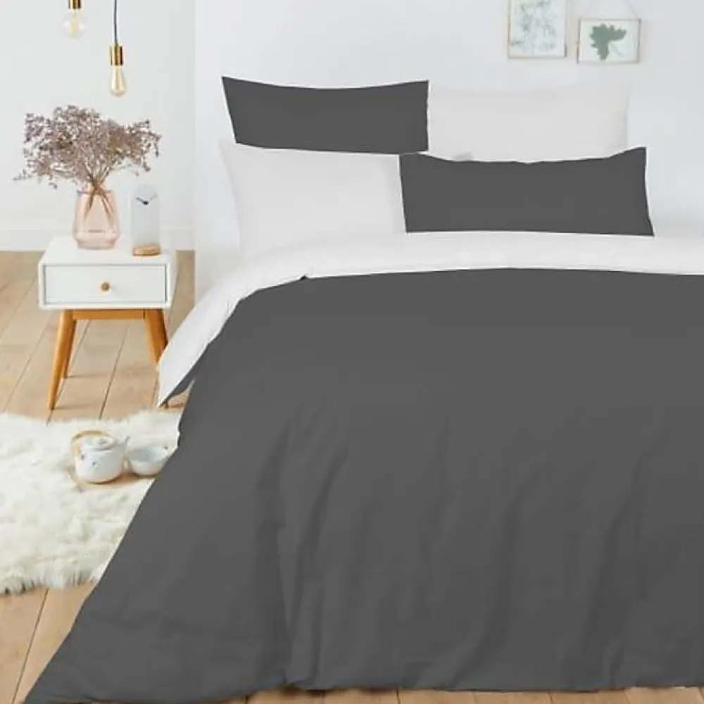 Pack complet 6 pièces Anthracite/Blanc réversible housse de couette pour lit 180 x 200 cm "King size">Univers Décor Online