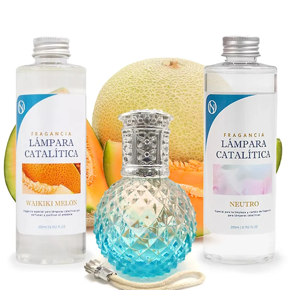 Mamamanuela Pack économique Lampe Catalytique Blue Diamonds + Parfum Waikiki Melon (500 ml) + Nettoyant Neutre (200 ml) + Mèche de Rechange* Désodorisant Et Parfum D'Ambiance