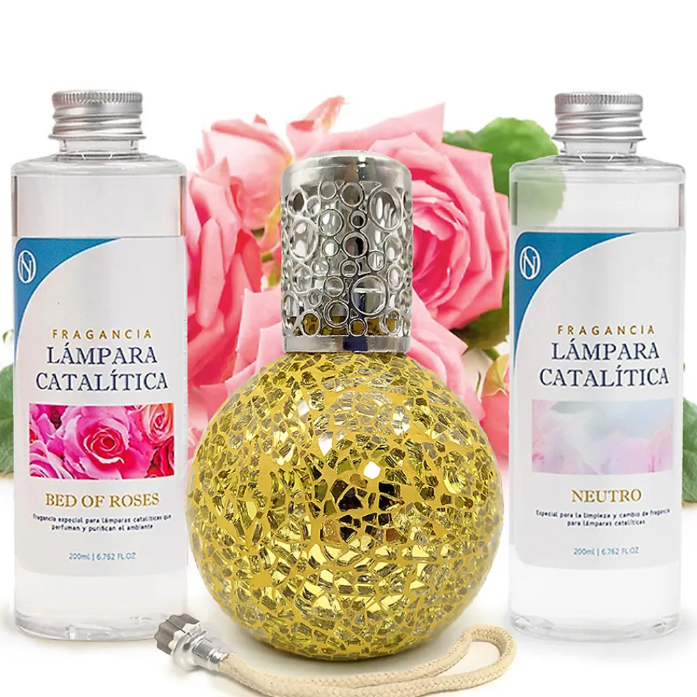 Pack économique Lampe Catalytique Mosaïque Doré + Parfum Bed of Roses (500 ml) + Nettoyant Neutre (200 ml) + Mèche de Rechange>Mamamanuela