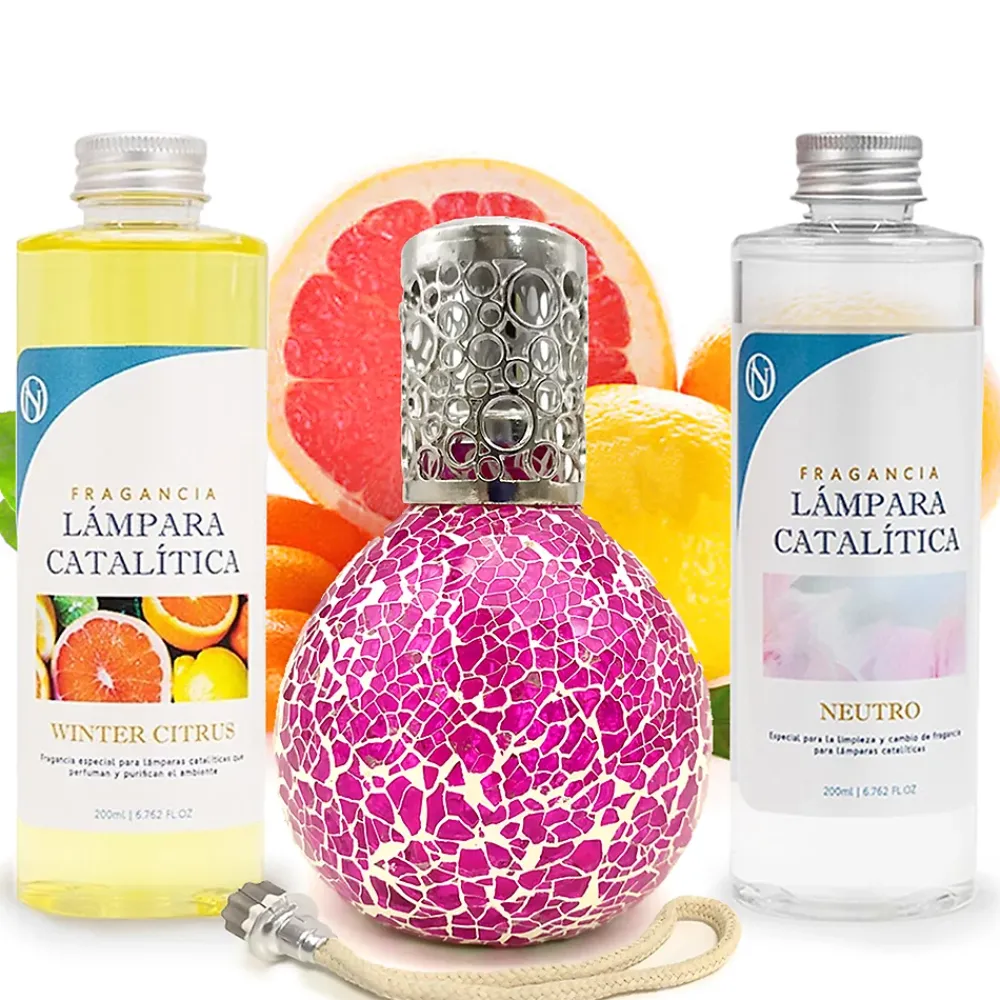 Mamamanuela Pack économique Lampe Catalytique Mosaïque Fuchsia + Parfum Winter Citrus (500 ml) + Nettoyant Neutre (200 ml) + Mèche de Rechange* Désodorisant Et Parfum D'Ambiance