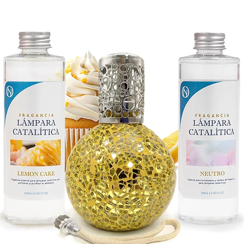 Mamamanuela Pack économique Lampe Catalytique Mosaïque Doré + Parfum Lemon Cake (200 ml) + Nettoyant Neutre (200 ml) + Mèche Rechange* Désodorisant Et Parfum D'Ambiance