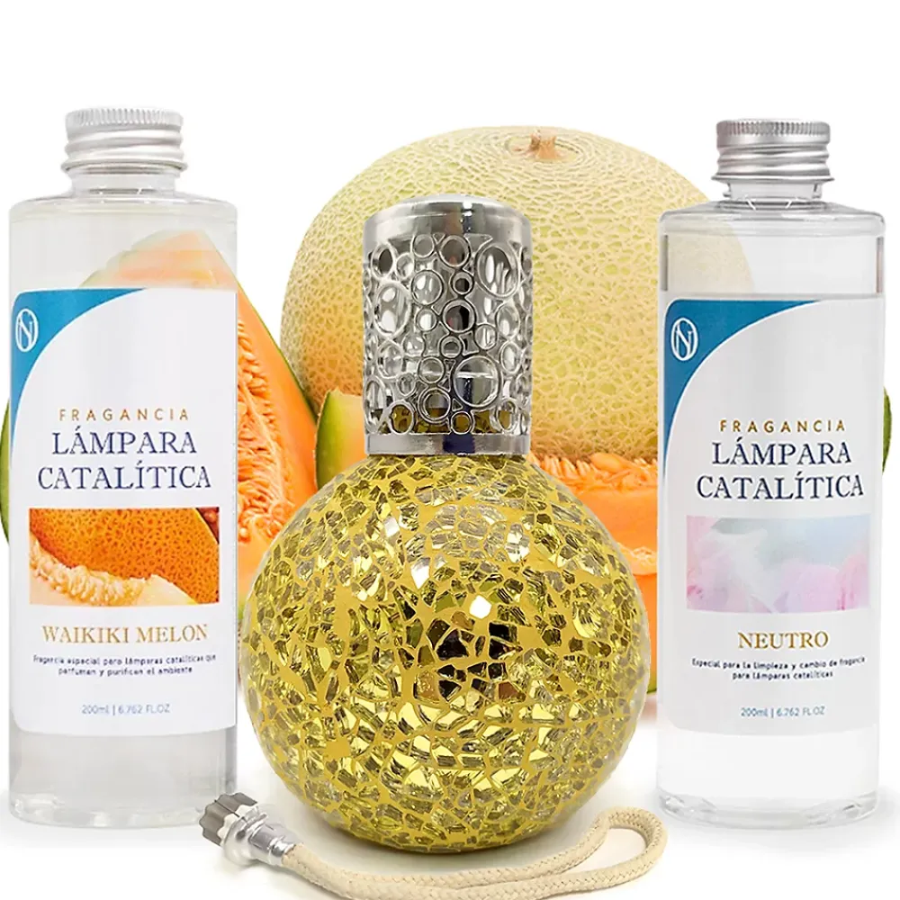 Mamamanuela Pack économique Lampe Catalytique Mosaïque Doré + Parfum Waikiki Melon (500 ml) + Nettoyant Neutre (200 ml) + Mèche de Rechange* Désodorisant Et Parfum D'Ambiance