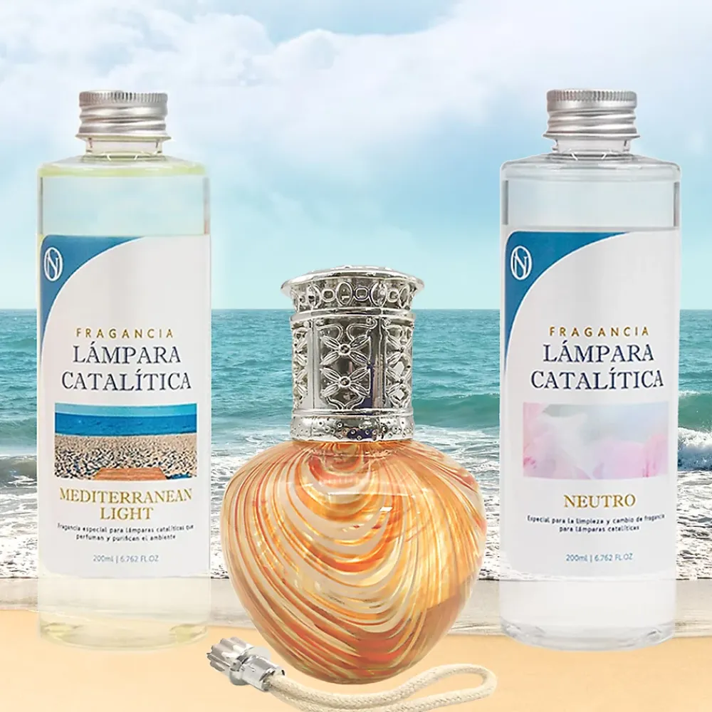 Mamamanuela Pack économique Lampe Catalytique Orange Waves + Mediterranean Light (500 ml) + Nettoyant Neutre (200 ml) + Mèche de Rechange* Désodorisant Et Parfum D'Ambiance