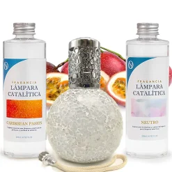 Mamamanuela Pack économique Lampe Catalytique Mosaïque Blanc + Parfum Caribbean Passion (200ml) + Nettoyant Neutre (200ml) + Mèche Rechange* Désodorisant Et Parfum D'Ambiance