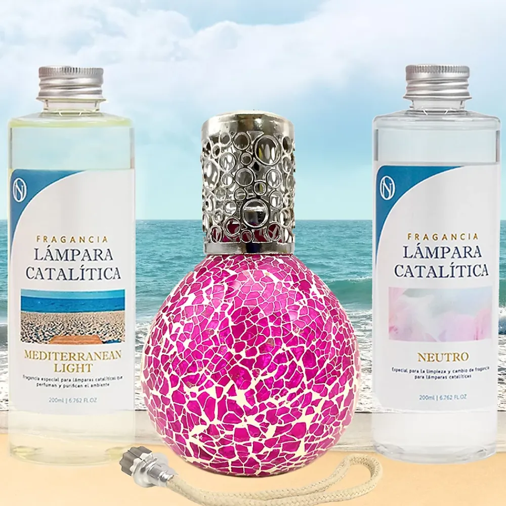 Mamamanuela Pack économique Lampe Catalytique Mosaïque Fuchsia + Mediterranean Light (200 ml) + Nettoyant Neutre (200 ml) + Mèche de Rechange* Désodorisant Et Parfum D'Ambiance
