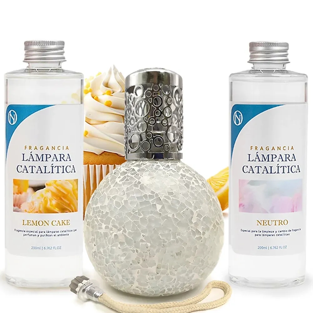 Mamamanuela Pack économique Lampe Catalytique Mosaïque Blanc + Parfum Lemon Cake (500 ml) + Nettoyant Neutre (200 ml) + Mèche de Rechange* Désodorisant Et Parfum D'Ambiance