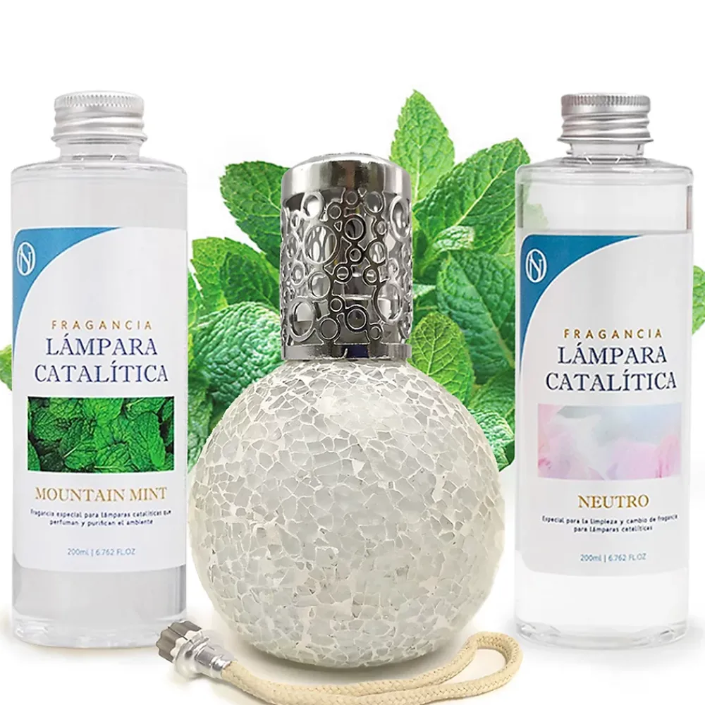 Mamamanuela Pack économique Lampe Catalytique Mosaïque Blanc + Parfum Mountain Mint (200 ml) + Nettoyant Neutre (200 ml) + Mèche de Rechange* Désodorisant Et Parfum D'Ambiance