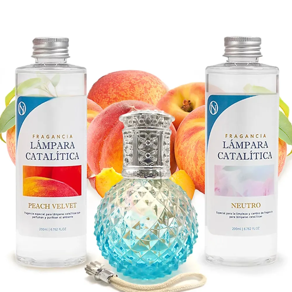 Mamamanuela Pack économique Lampe Catalytique Blue Diamonds + Parfum Peach Velvet (200 ml) + Nettoyant Neutre (200 ml) + Mèche de Rechange* Désodorisant Et Parfum D'Ambiance