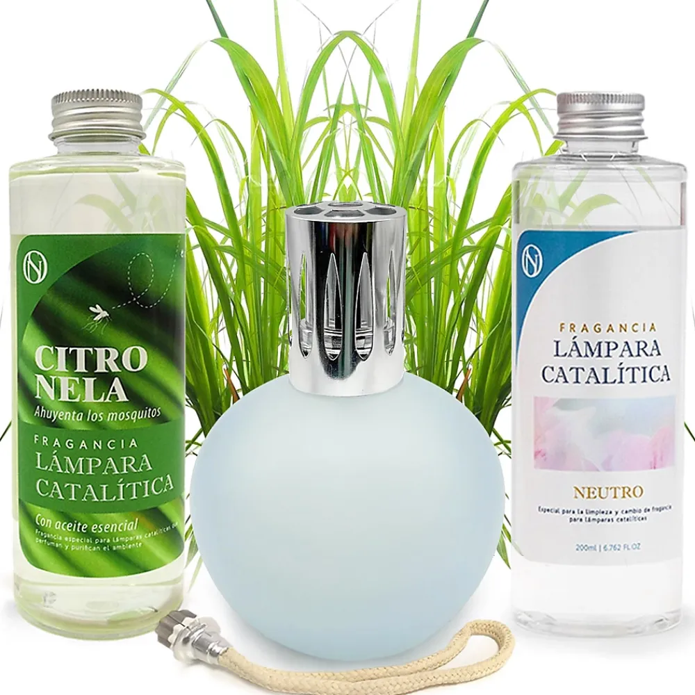 Mamamanuela Pack économique Lampe Catalytique Bleu-Gris Mat + Parfum Citronnelle (200 ml) + Nettoyant Neutre (200 ml) + Mèche de Rechange* Désodorisant Et Parfum D'Ambiance