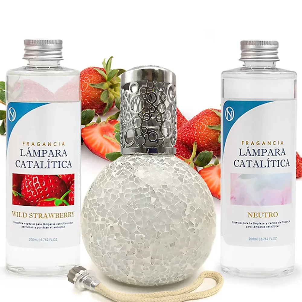 Mamamanuela Pack économique Lampe Catalytique Mosaïque Blanc + Parfum Wild Strawberry (500 ml) + Nettoyant Neutre (200 ml) + Mèche Rechange* Désodorisant Et Parfum D'Ambiance
