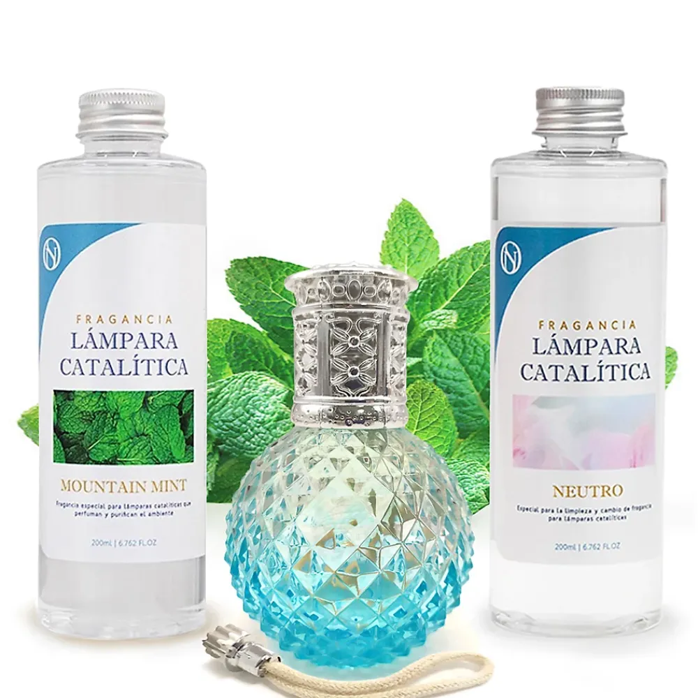 Mamamanuela Pack économique Lampe Catalytique Blue Diamonds + Parfum Mountain Mint (200 ml) + Nettoyant Neutre (200 ml) + Mèche de Rechange* Désodorisant Et Parfum D'Ambiance