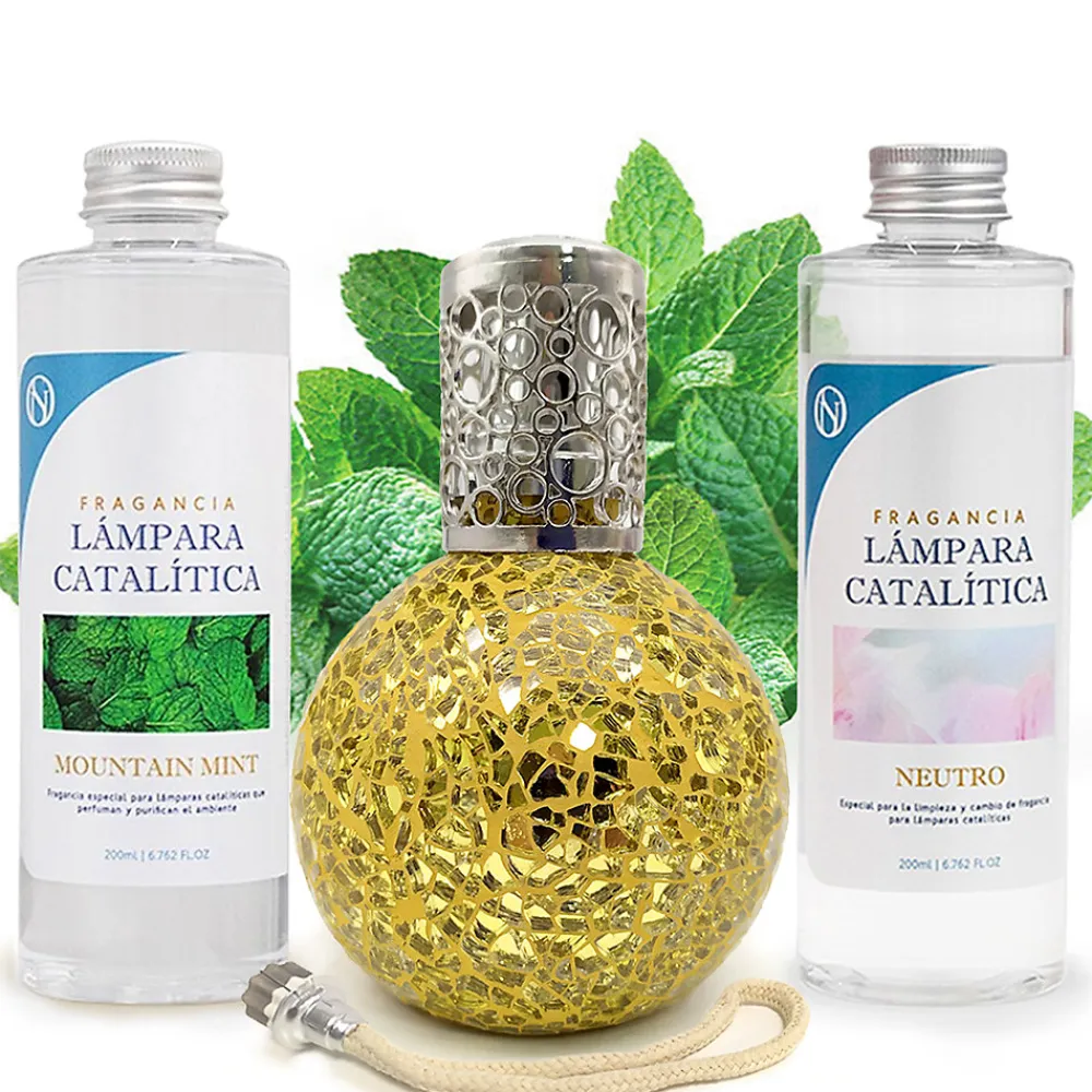 Pack économique Lampe Catalytique Mosaïque Doré + Parfum Mountain Mint (200 ml) + Nettoyant Neutre (200 ml) + Mèche de Rechange>Mamamanuela