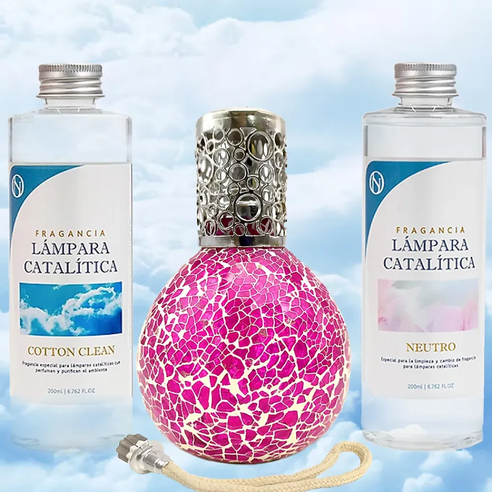 Mamamanuela Pack économique Lampe Catalytique Mosaïque Fuchsia + Parfum Cotton Clean (200 ml) + Nettoyant Neutre (200 ml) + Mèche de Rechange* Désodorisant Et Parfum D'Ambiance