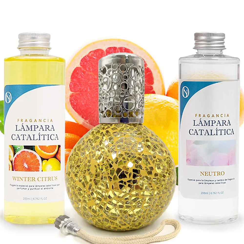 Pack économique Lampe Catalytique Mosaïque Doré + Parfum Winter Citrus (500 ml) + Nettoyant Neutre (200 ml) + Mèche de Rechange>Mamamanuela Best