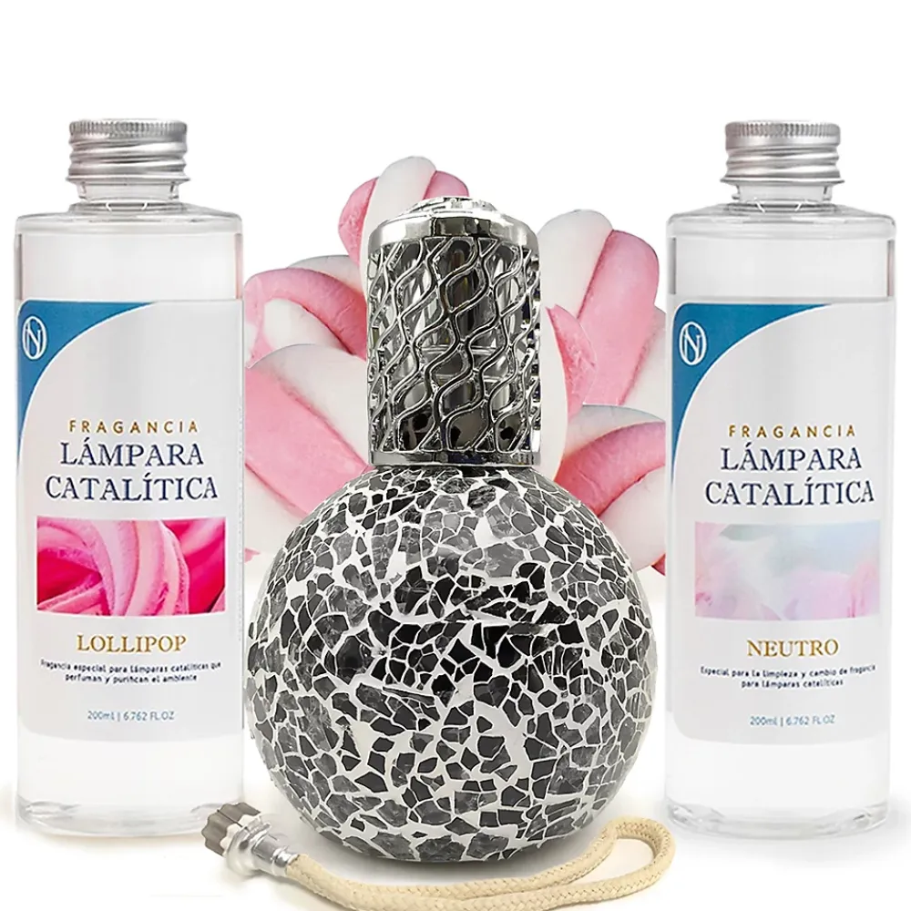 Mamamanuela Pack économique Lampe Catalytique Mosaïque Noir + Parfum Lollipop (200 ml) + Nettoyant Neutre (200 ml) + Mèche de Rechange* Désodorisant Et Parfum D'Ambiance