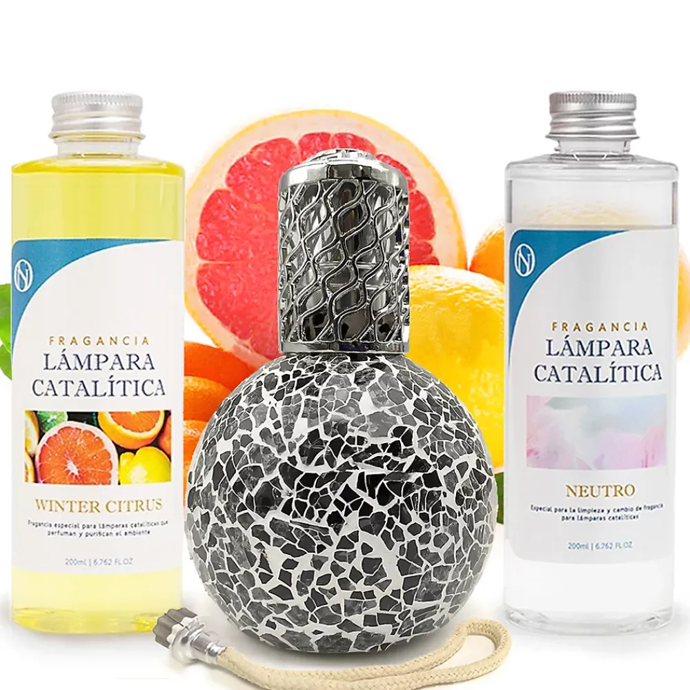 Mamamanuela Pack économique Lampe Catalytique Mosaïque Noir + Parfum Winter Citrus (500 ml) + Nettoyant Neutre (200 ml) + Mèche de Rechange* Désodorisant Et Parfum D'Ambiance