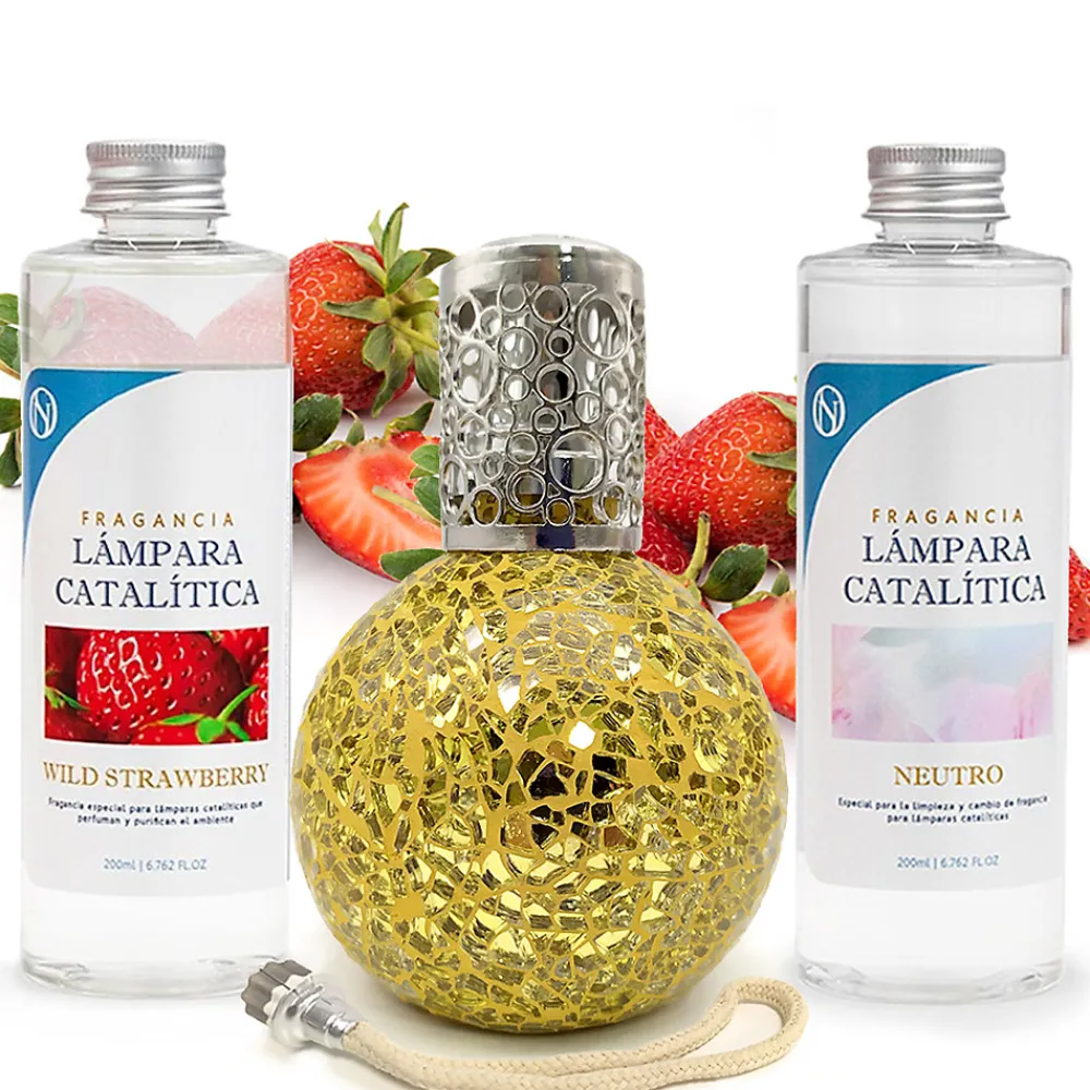 Pack économique Lampe Catalytique Mosaïque Doré + Parfum Wild Strawberry (500 ml) + Nettoyant Neutre (200 ml) + Mèche de Rechange>Mamamanuela Outlet