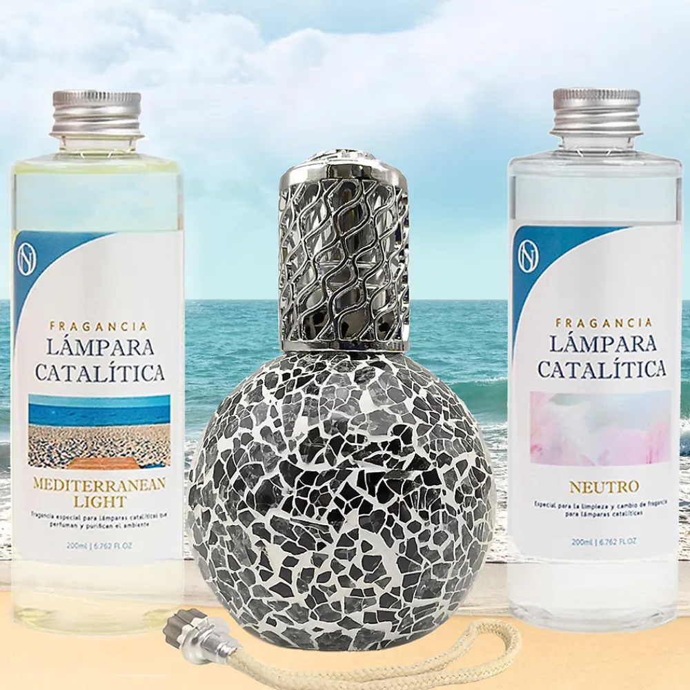 Pack économique Lampe Catalytique Mosaïque Noir + Parfum Mediterranean Light (500 ml) + Nettoyant Neutre (200 ml) + Mèche Rechange>Mamamanuela