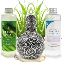 Pack économique Lampe Catalytique Mosaïque Noir + Parfum Citronnelle (200 ml) + Nettoyant Neutre (200 ml) + Mèche de Rechange>Mamamanuela Online