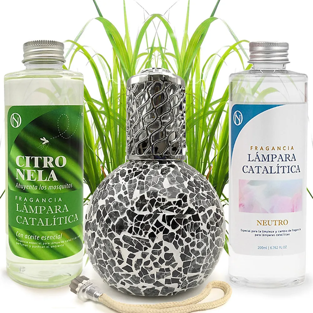 Pack économique Lampe Catalytique Mosaïque Noir + Parfum Citronnelle (200 ml) + Nettoyant Neutre (200 ml) + Mèche de Rechange>Mamamanuela Online