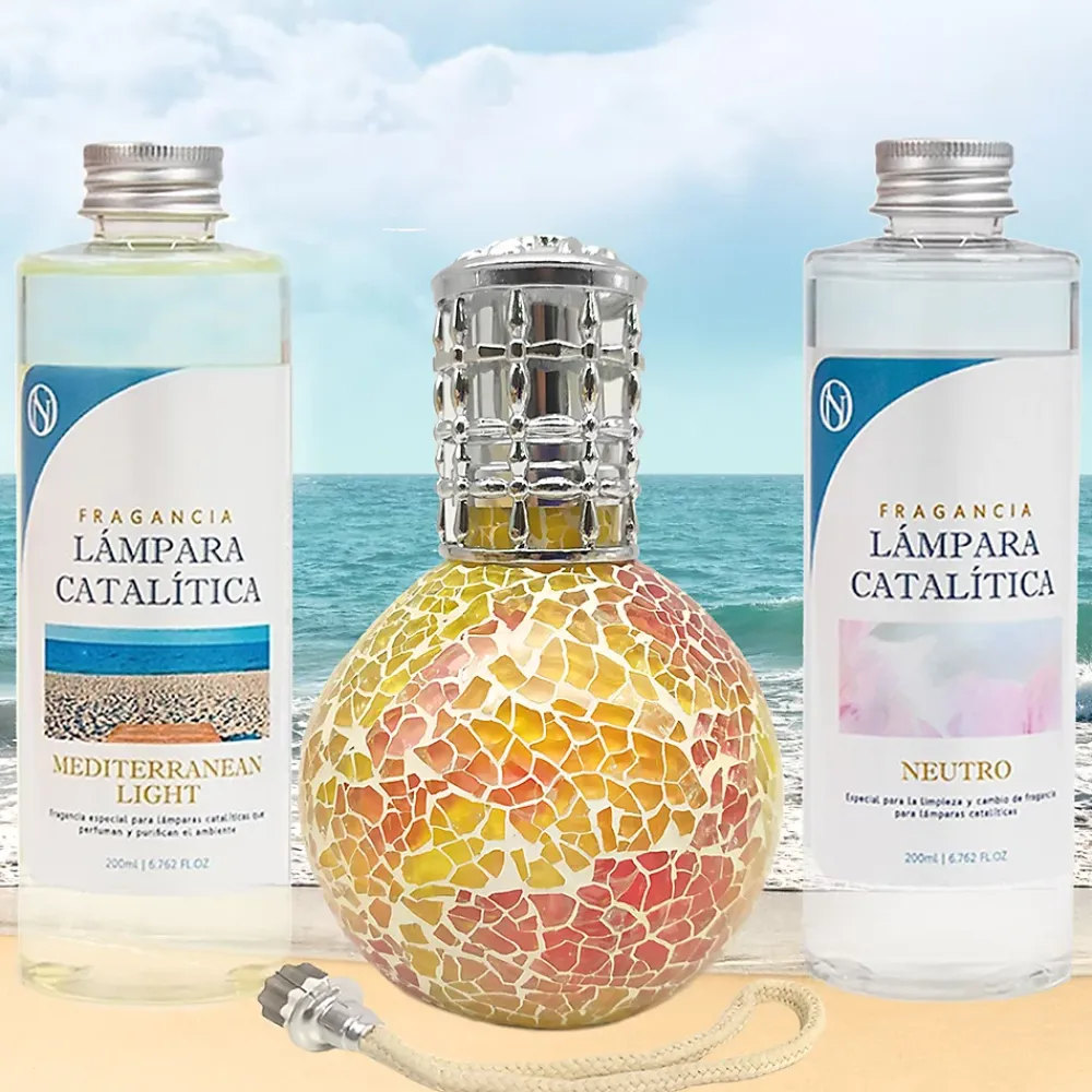 Mamamanuela Pack économique Lampe Catalytique Mosaïque Bicolore + Mediterranean Light (200 ml) + Nettoyant Neutre (200 ml) + Mèche Rechange* Désodorisant Et Parfum D'Ambiance